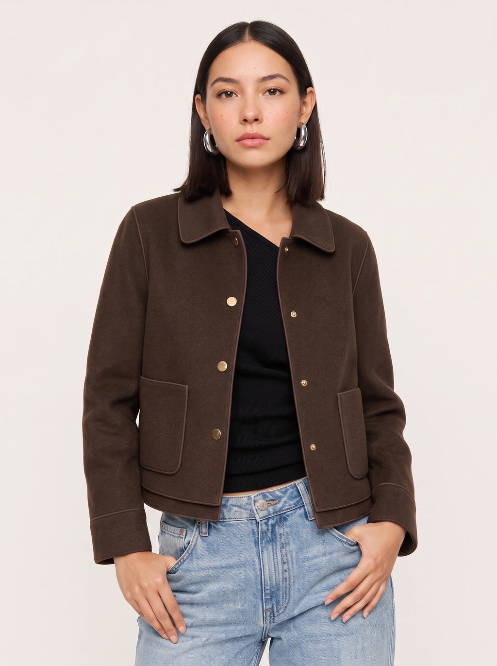 Curvella Collared Crop Jacket – Women Casual Blazer Autumn Workwear Office Tailored Button Front Jacket
