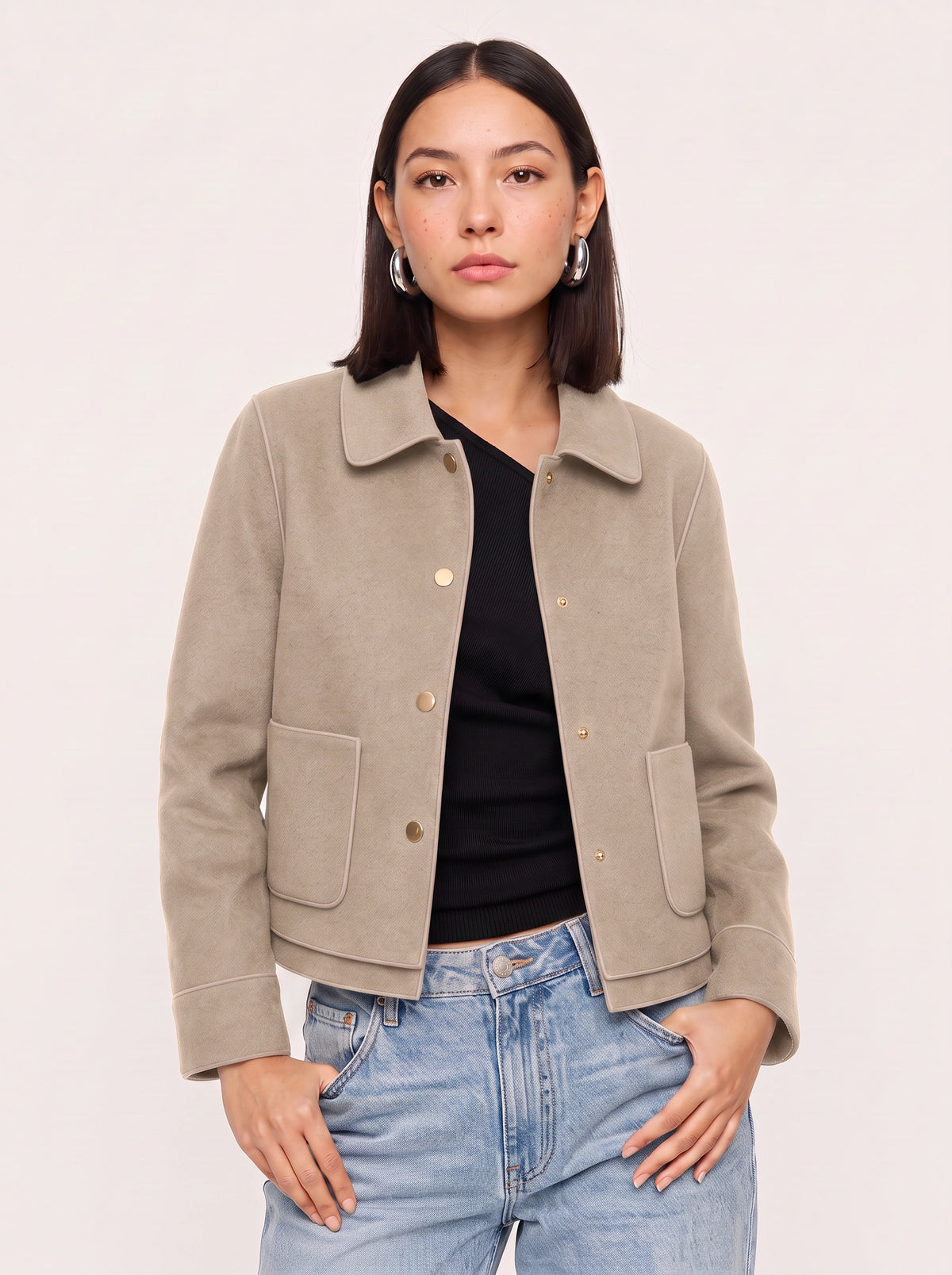 Curvella Collared Crop Jacket – Women Casual Blazer Autumn Workwear Office Tailored Button Front Jacket
