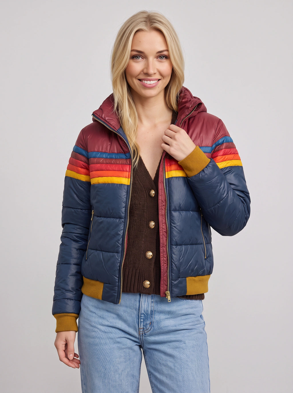 Chanridge Hooded Puffer Jacket – Retro Stripe Women Cropped Bomber Quilted Padded Autumn Casual Outerwear