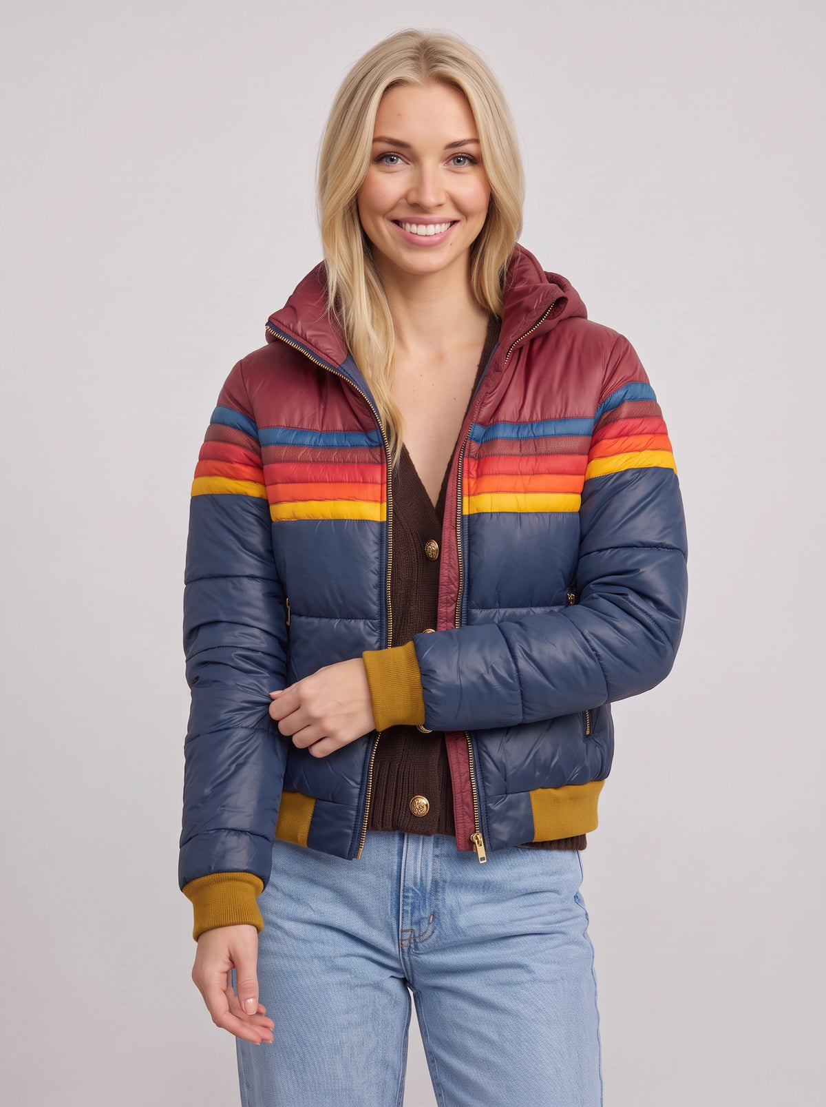 Chanridge Hooded Puffer Jacket – Retro Stripe Women Cropped Bomber Quilted Padded Autumn Casual Outerwear