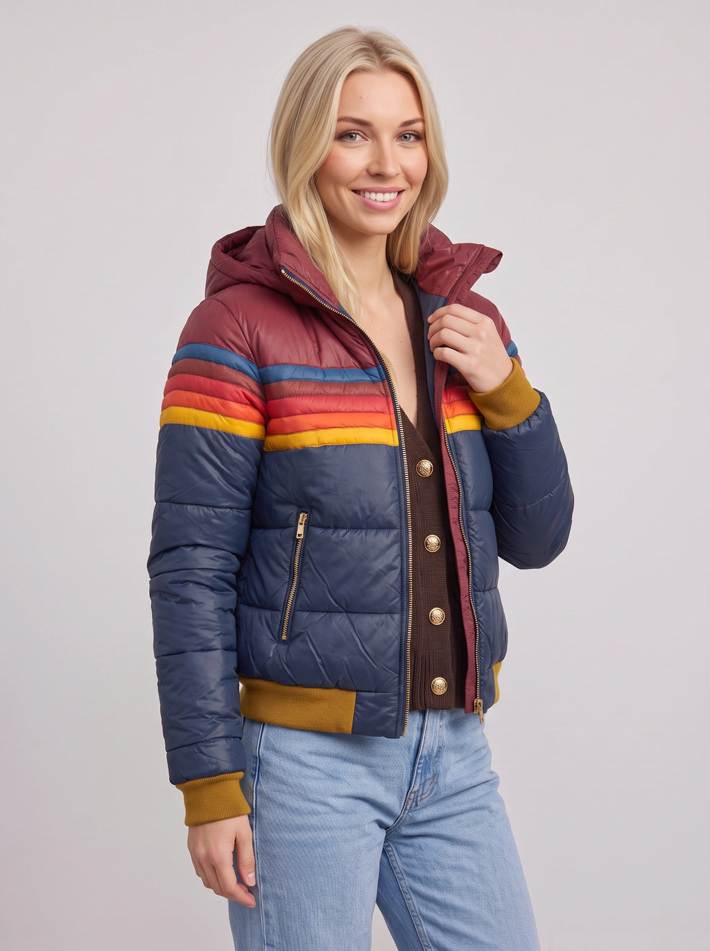 Chanridge Hooded Puffer Jacket – Retro Stripe Women Cropped Bomber Quilted Padded Autumn Casual Outerwear
