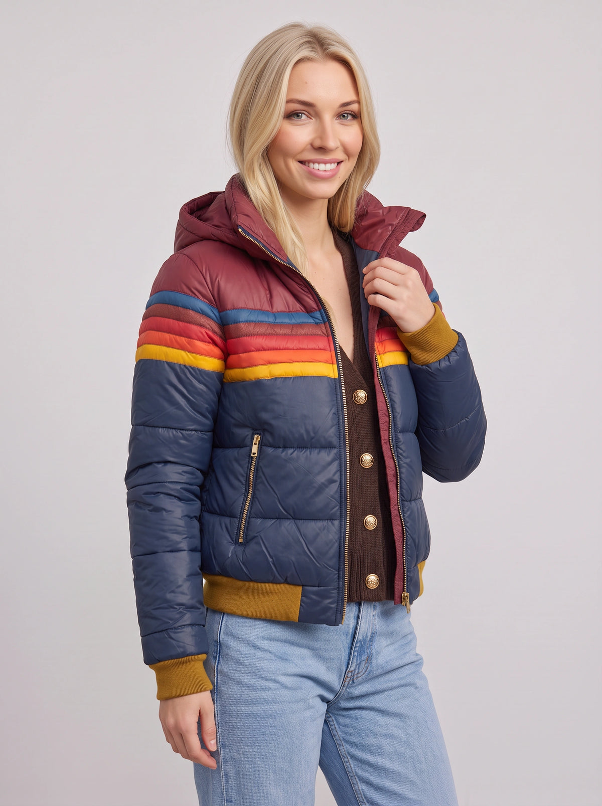 Chanridge Hooded Puffer Jacket – Retro Stripe Women Cropped Bomber Quilted Padded Autumn Casual Outerwear