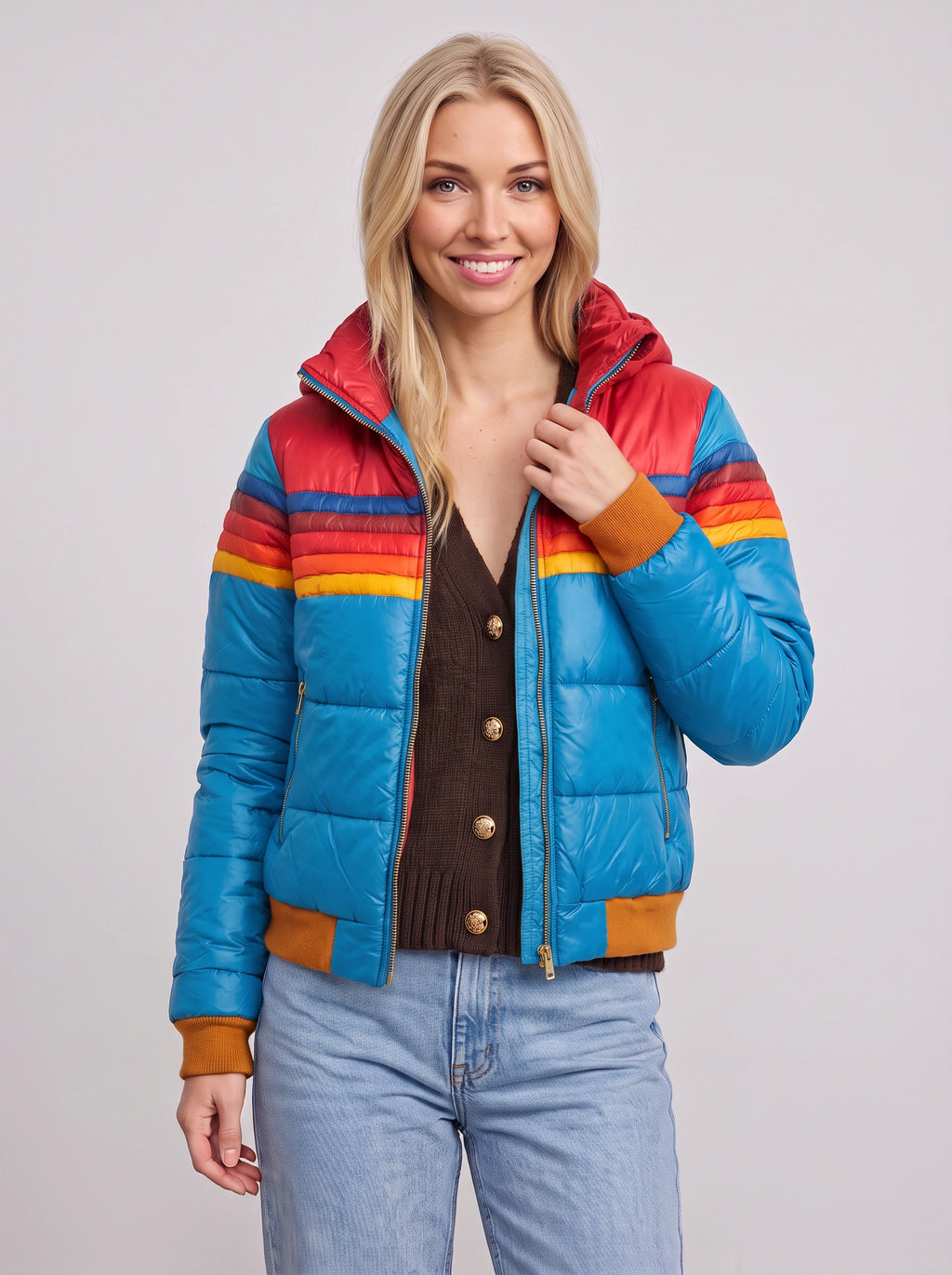 Chanridge Hooded Puffer Jacket – Retro Stripe Women Cropped Bomber Quilted Padded Autumn Casual Outerwear
