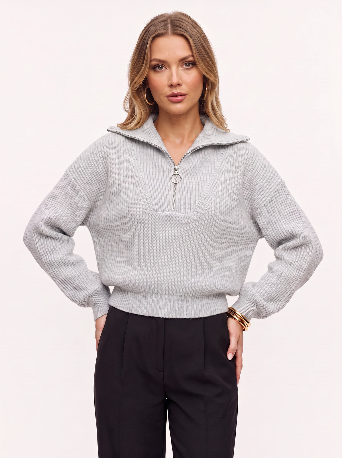 Colwida Oversized Half-Zip Knit Sweater – Chunky Ribbed Jumper Women Fall Casual Streetwear Knitwear