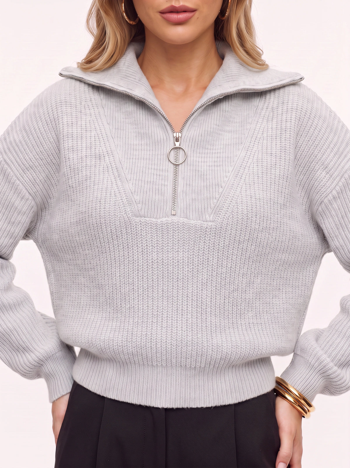 Colwida Oversized Half-Zip Knit Sweater – Chunky Ribbed Jumper Women Fall Casual Streetwear Knitwear