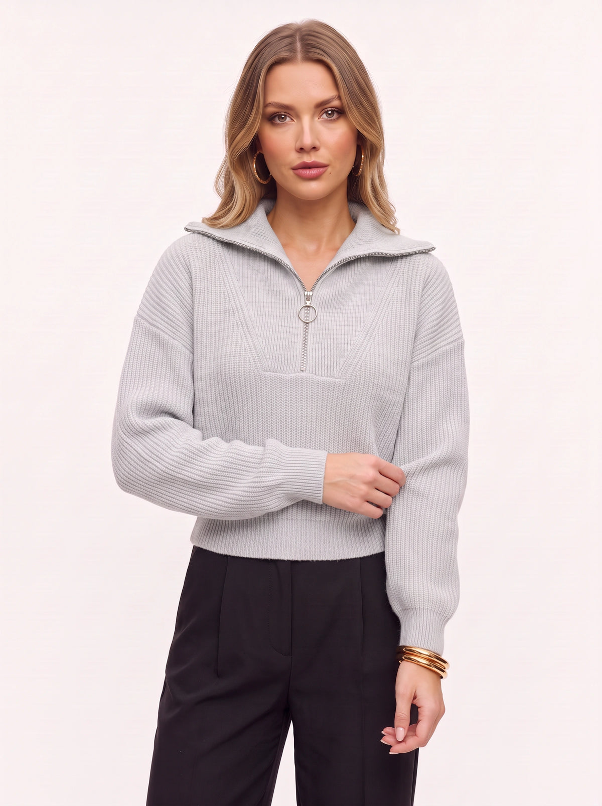 Colwida Oversized Half-Zip Knit Sweater – Chunky Ribbed Jumper Women Fall Casual Streetwear Knitwear