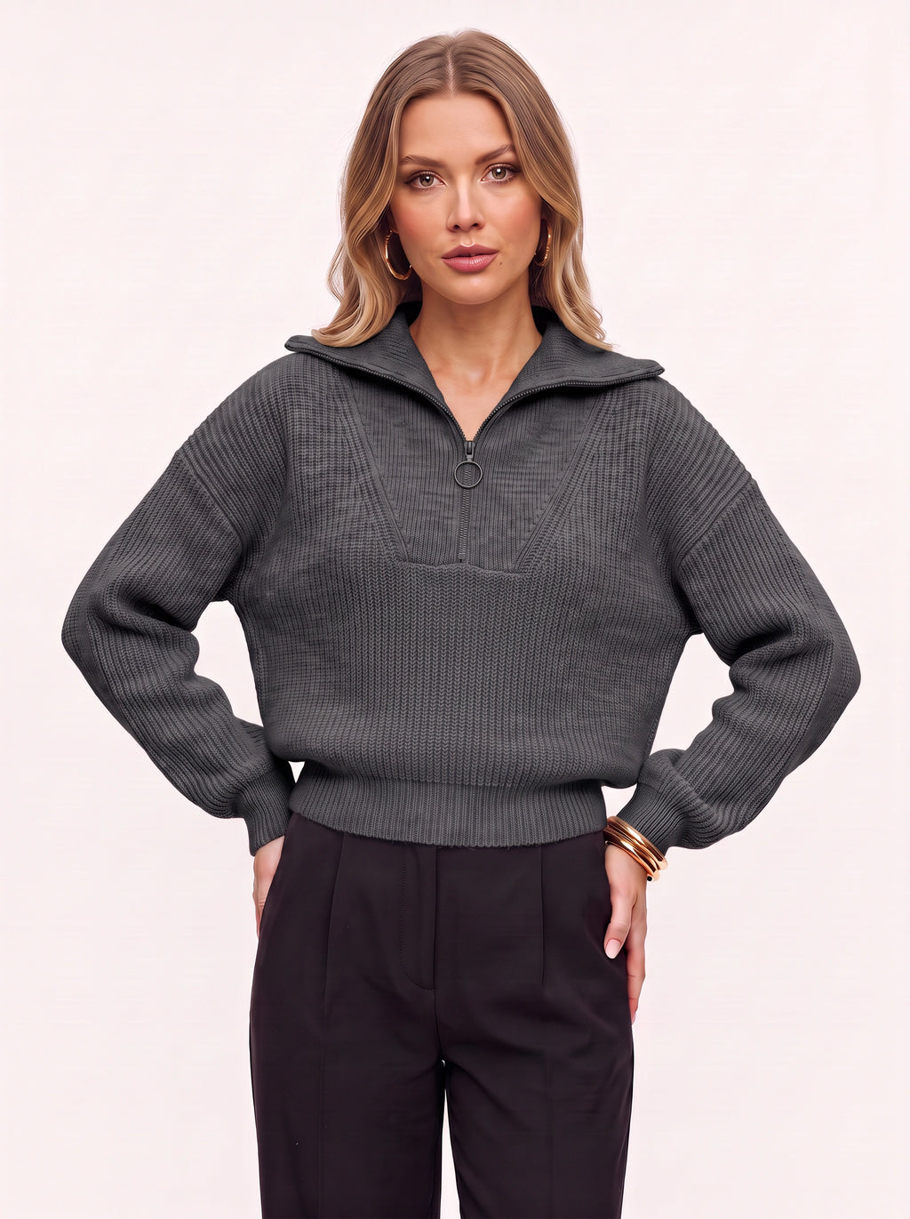 Colwida Oversized Half-Zip Knit Sweater – Chunky Ribbed Jumper Women Fall Casual Streetwear Knitwear