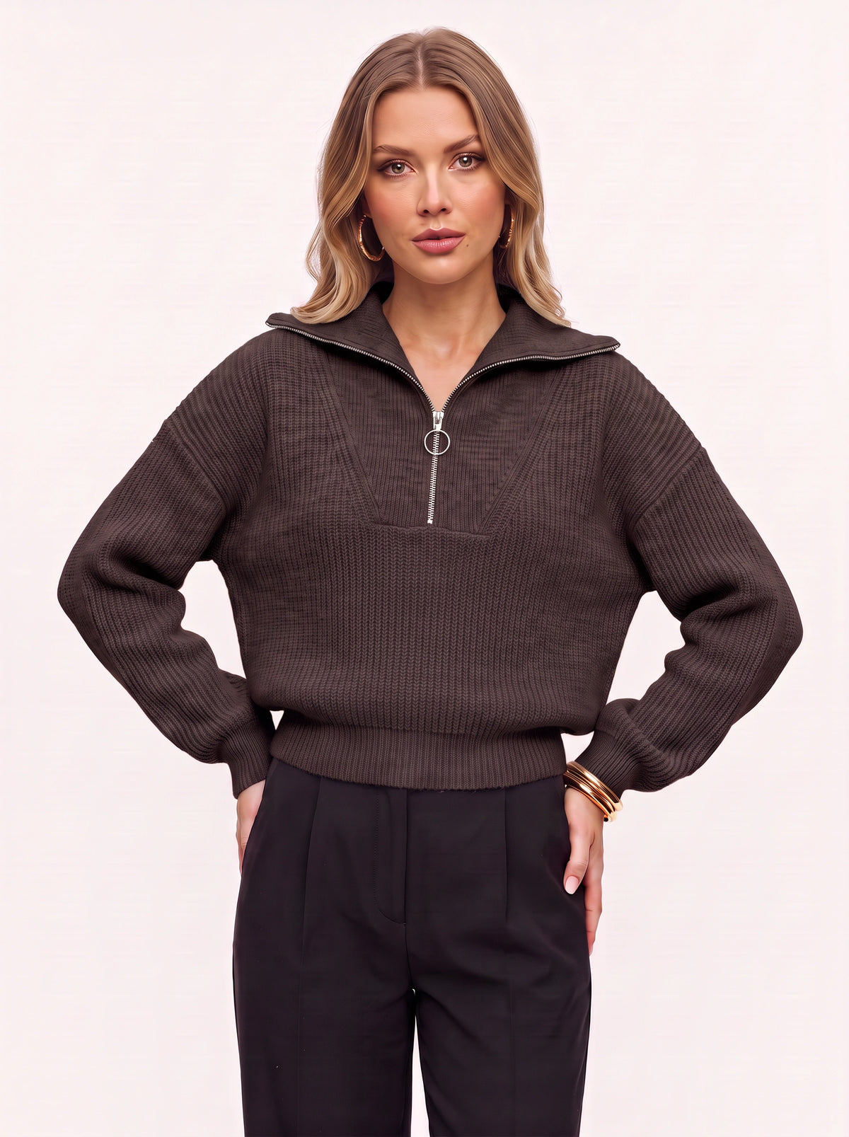 Colwida Oversized Half-Zip Knit Sweater – Chunky Ribbed Jumper Women Fall Casual Streetwear Knitwear