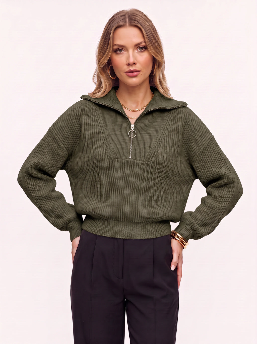 Colwida Oversized Half-Zip Knit Sweater – Chunky Ribbed Jumper Women Fall Casual Streetwear Knitwear