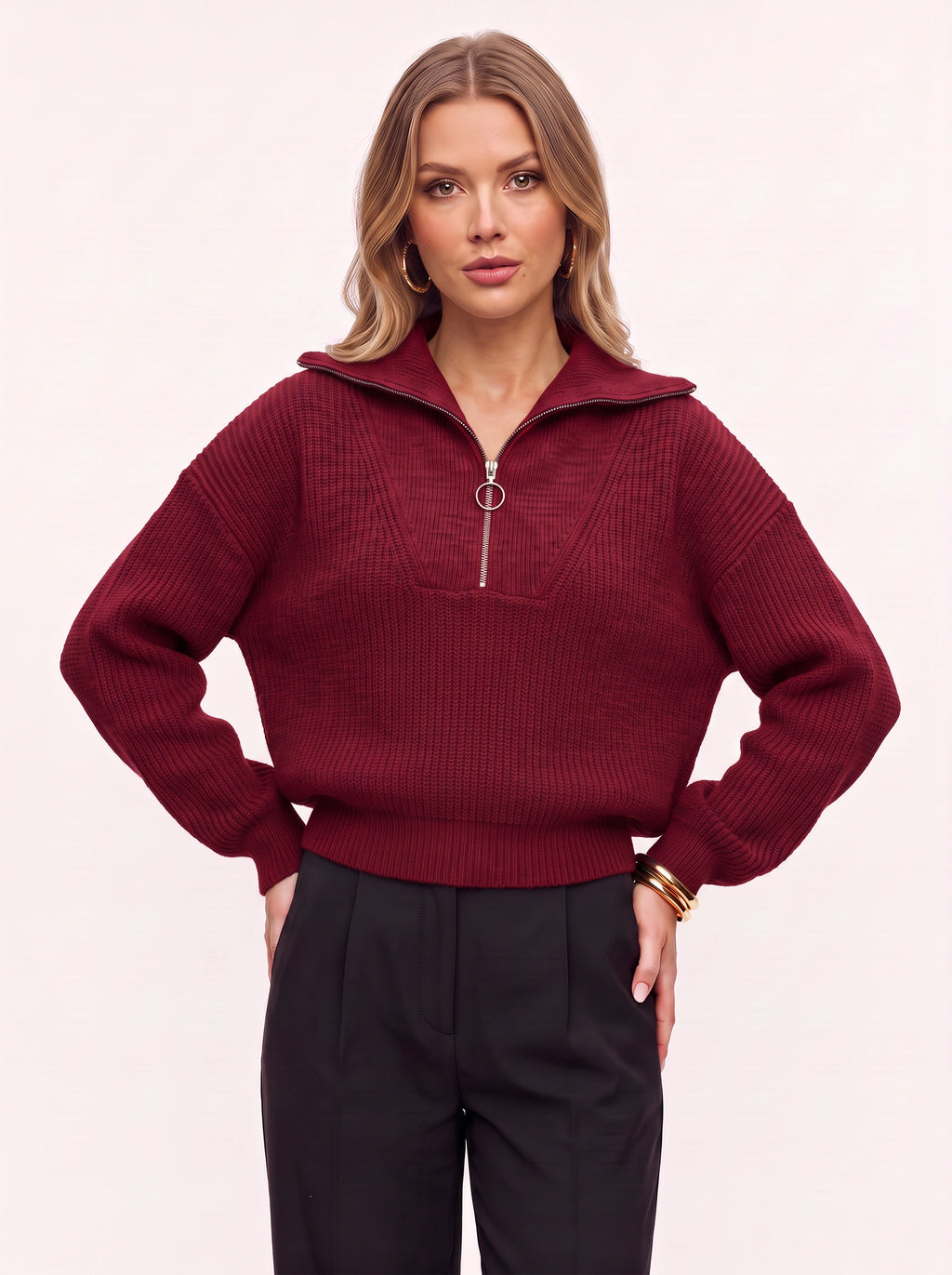 Colwida Oversized Half-Zip Knit Sweater – Chunky Ribbed Jumper Women Fall Casual Streetwear Knitwear
