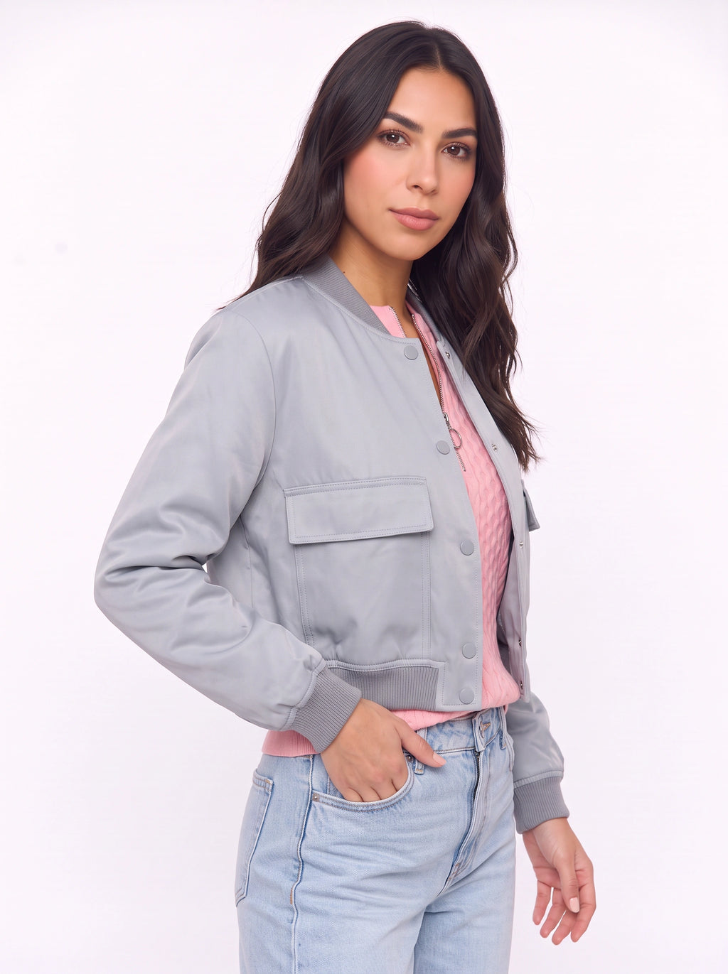 Flaplyn Cropped Bomber Jacket – Snap Front Women Casual Fall Streetwear Utility Bomber Jacket