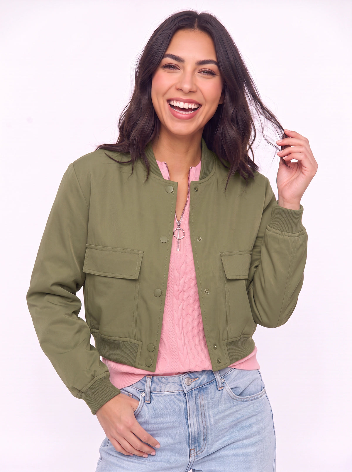 Flaplyn Cropped Bomber Jacket – Snap Front Women Casual Fall Streetwear Utility Bomber Jacket