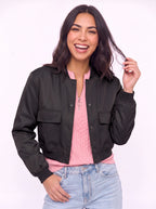 Flaplyn Cropped Bomber Jacket – Snap Front Women Casual Fall Streetwear Utility Bomber Jacket
