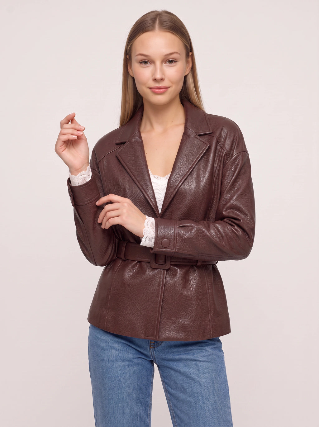 Cuffolla Belted Leather Blazer – Women Tailored Office Jacket Longline Formal Work Blazer