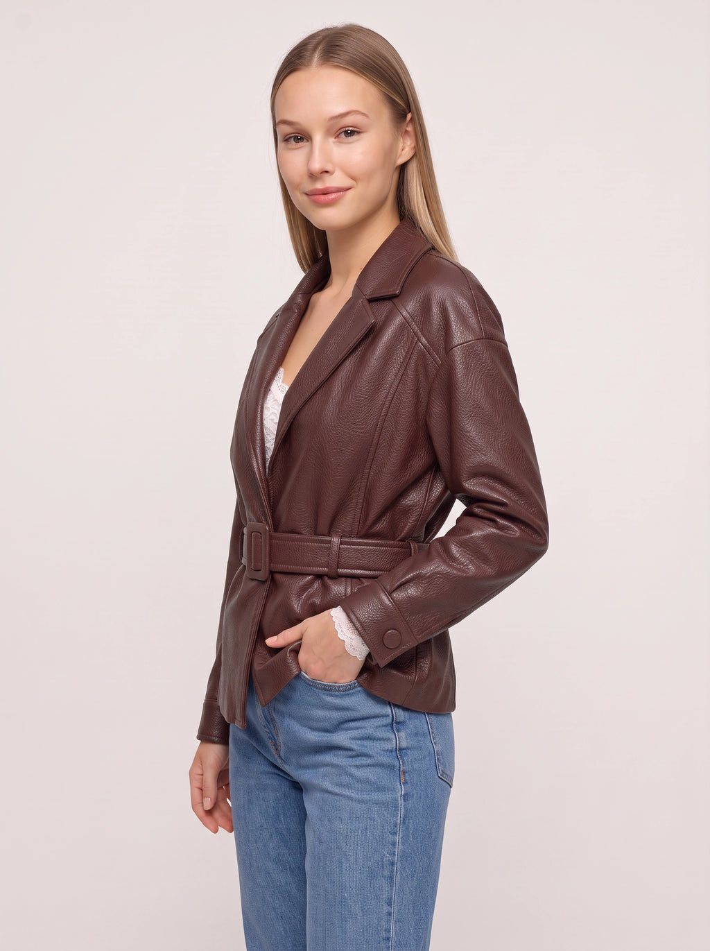 Cuffolla Belted Leather Blazer – Women Tailored Office Jacket Longline Formal Work Blazer