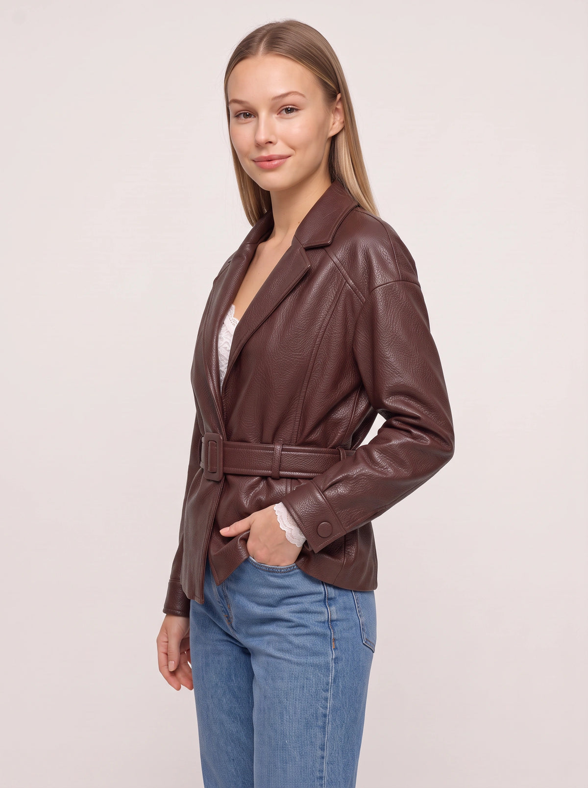 Cuffolla Belted Leather Blazer – Women Tailored Office Jacket Longline Formal Work Blazer