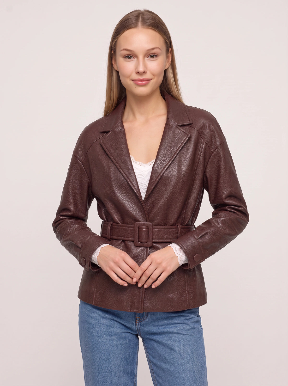 Cuffolla Belted Leather Blazer – Women Tailored Office Jacket Longline Formal Work Blazer