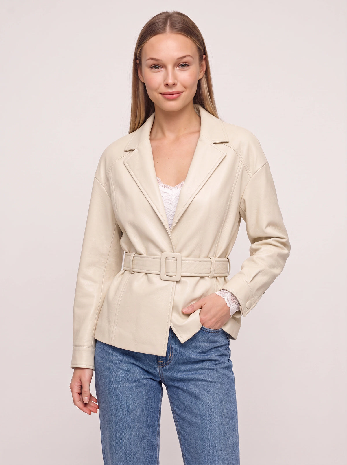 Cuffolla Belted Leather Blazer – Women Tailored Office Jacket Longline Formal Work Blazer