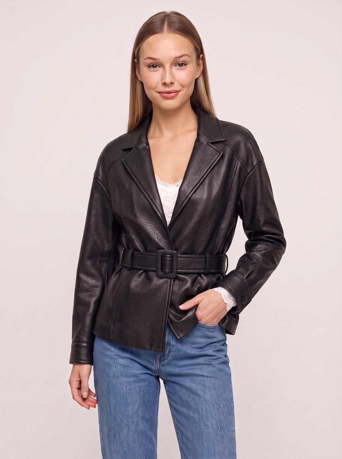 Cuffolla Belted Leather Blazer – Women Tailored Office Jacket Longline Formal Work Blazer