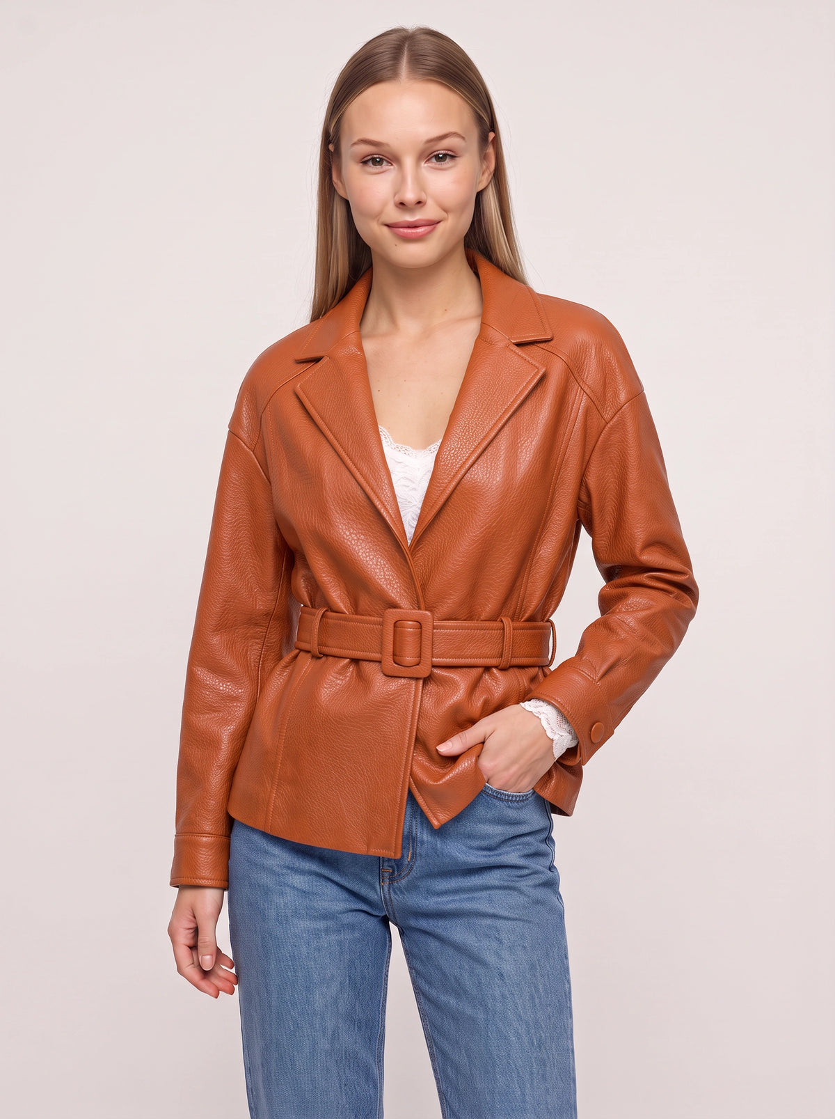 Cuffolla Belted Leather Blazer – Women Tailored Office Jacket Longline Formal Work Blazer