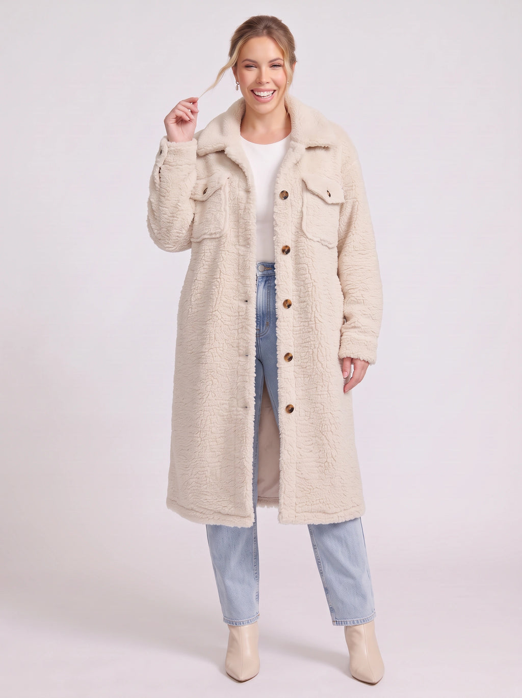 Flapoque Oversized Teddy Coat – Women Longline Fleece Jacket Winter Casual Streetwear Trench Coat