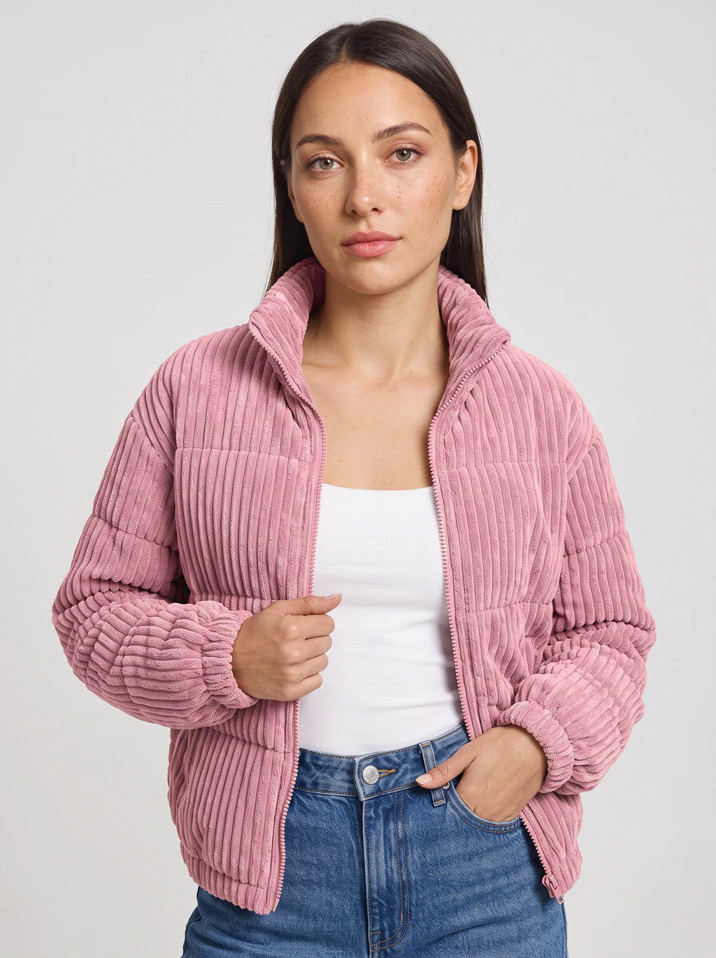 Chunova Ribbed Puffer Jacket – Oversized Zip Front Women Casual Streetwear Corduroy Bomber Jacket