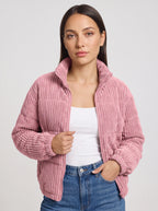 Chunova Ribbed Puffer Jacket – Oversized Zip Front Women Casual Streetwear Corduroy Bomber Jacket