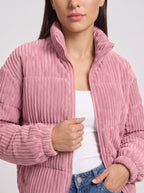 Chunova Ribbed Puffer Jacket – Oversized Zip Front Women Casual Streetwear Corduroy Bomber Jacket