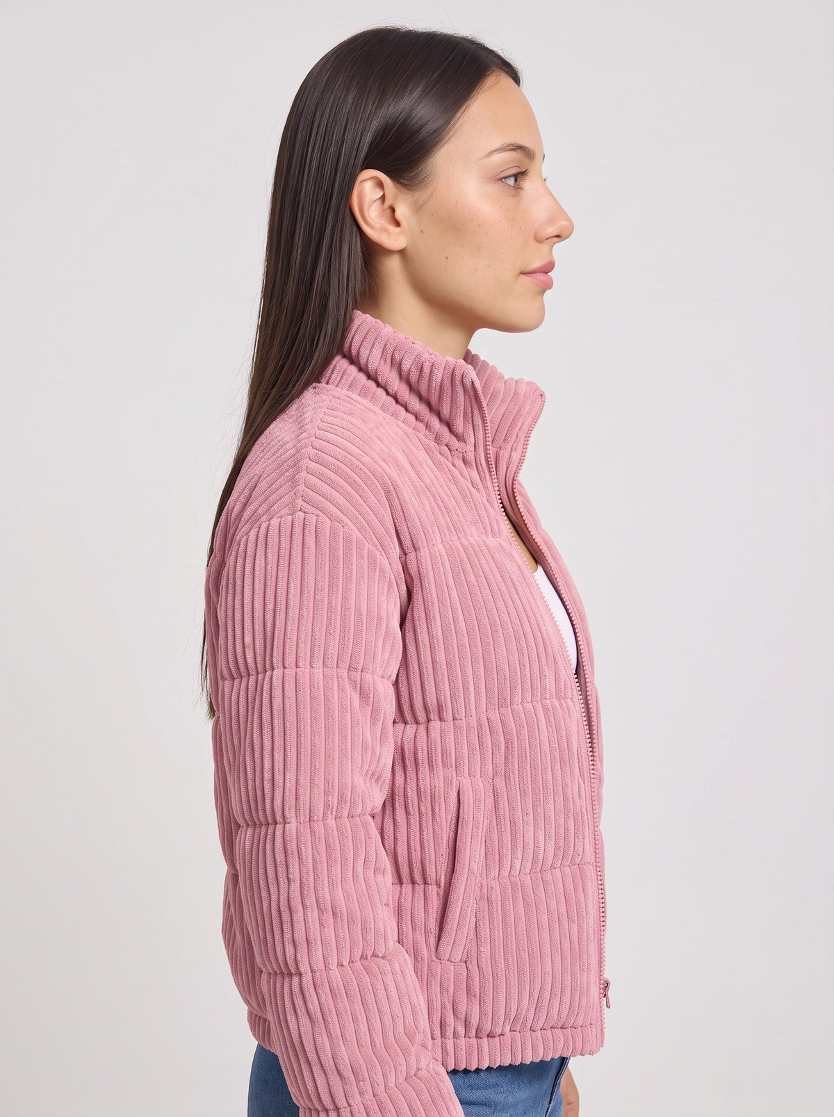 Chunova Ribbed Puffer Jacket – Oversized Zip Front Women Casual Streetwear Corduroy Bomber Jacket