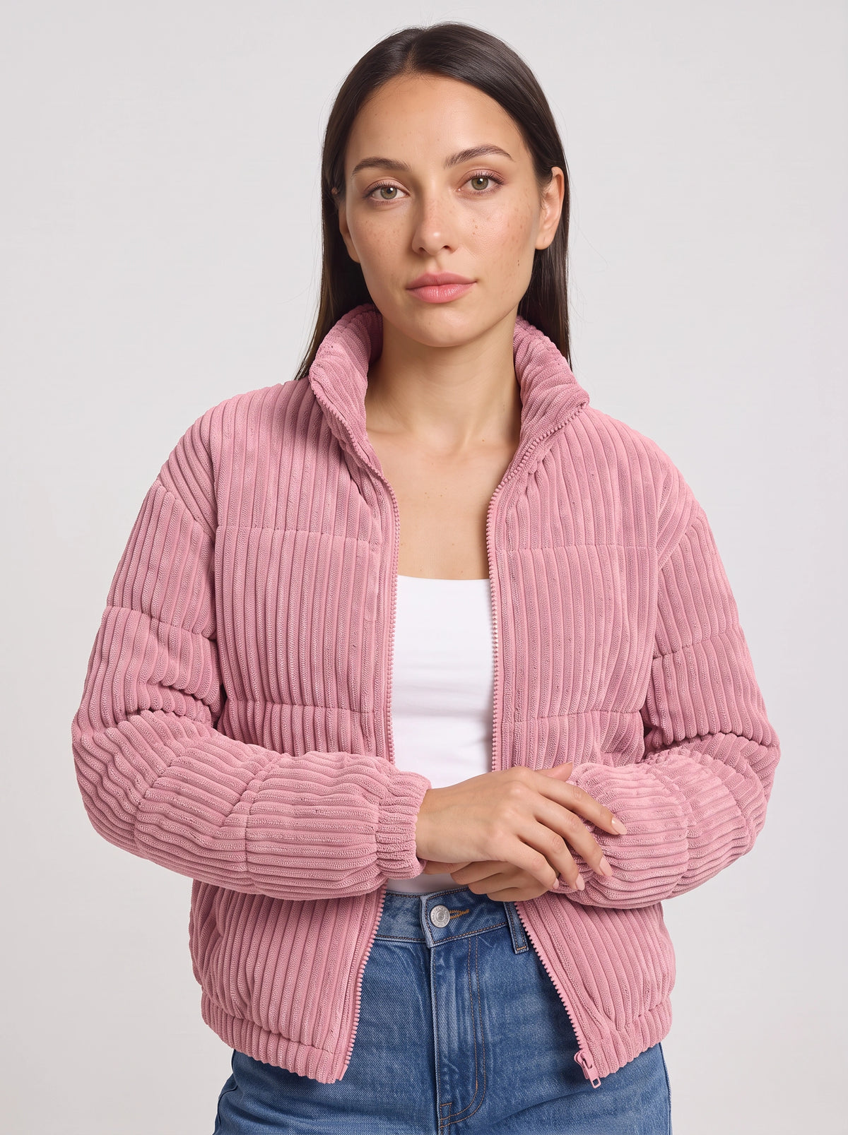 Chunova Ribbed Puffer Jacket – Oversized Zip Front Women Casual Streetwear Corduroy Bomber Jacket