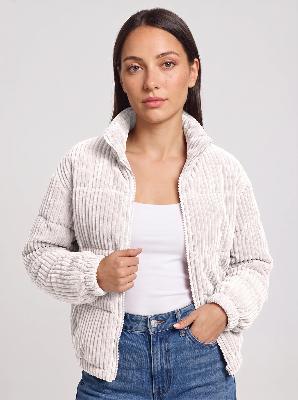 Chunova Ribbed Puffer Jacket – Oversized Zip Front Women Casual Streetwear Corduroy Bomber Jacket