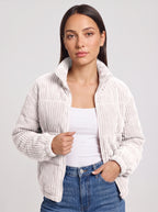 Chunova Ribbed Puffer Jacket – Oversized Zip Front Women Casual Streetwear Corduroy Bomber Jacket