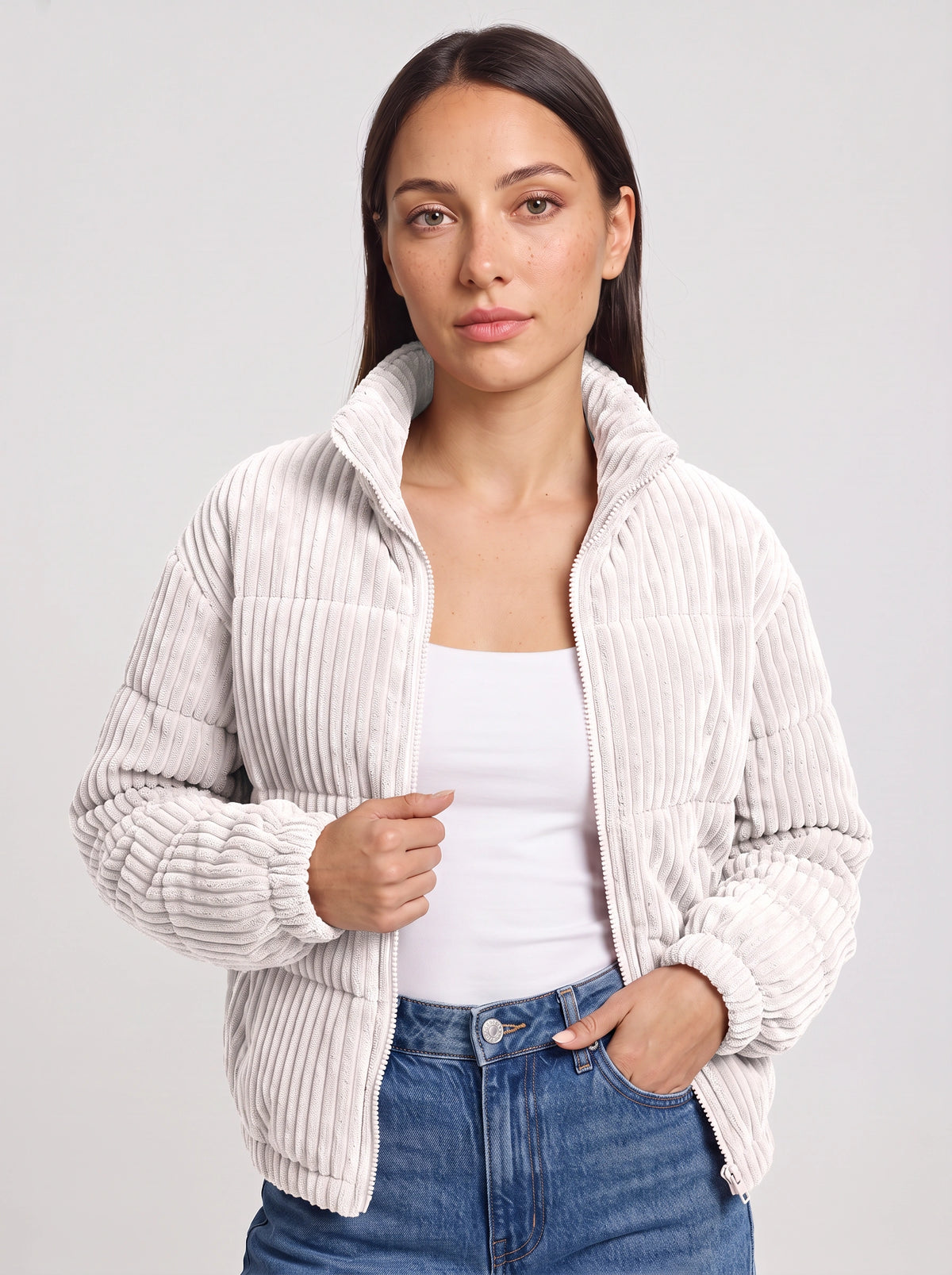Chunova Ribbed Puffer Jacket – Oversized Zip Front Women Casual Streetwear Corduroy Bomber Jacket
