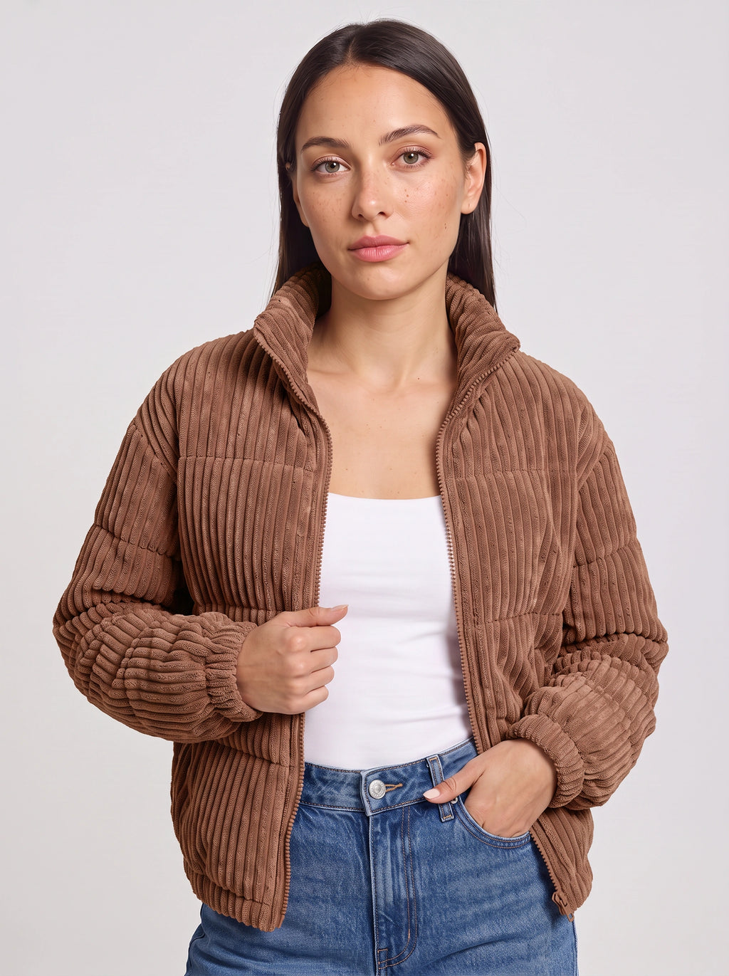 Chunova Ribbed Puffer Jacket – Oversized Zip Front Women Casual Streetwear Corduroy Bomber Jacket