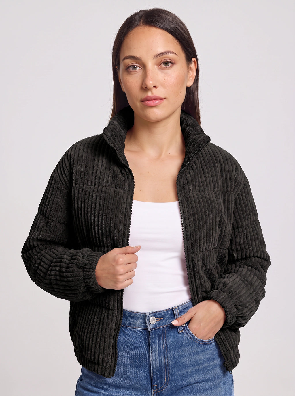 Chunova Ribbed Puffer Jacket – Oversized Zip Front Women Casual Streetwear Corduroy Bomber Jacket