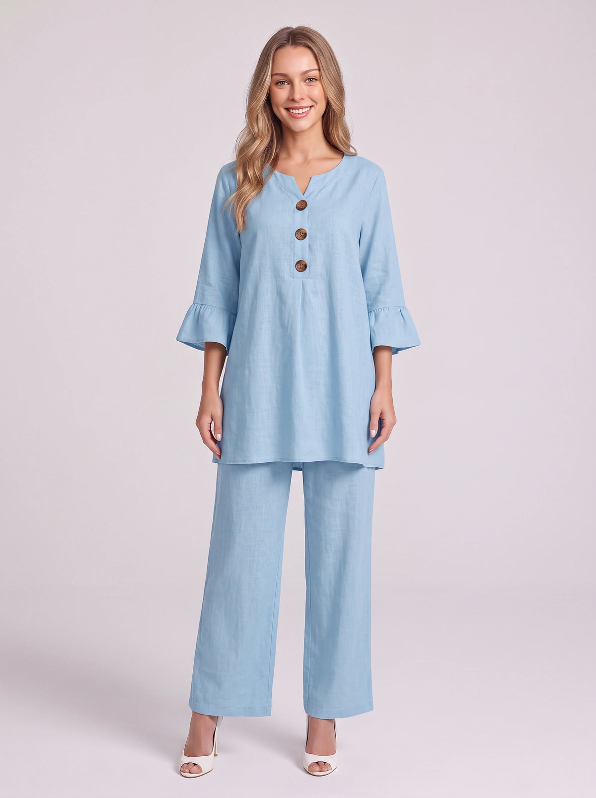 Frilec Linen Two Piece Co-Ord Set – Ruffle Sleeve Top Wide Leg Trousers Women Casual Relaxed Lounge Set