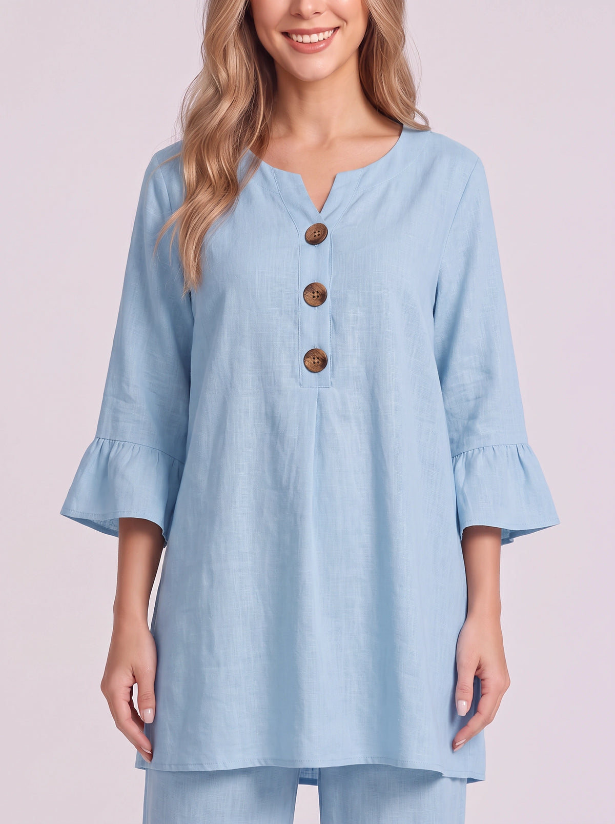 Frilec Linen Two Piece Co-Ord Set – Ruffle Sleeve Top Wide Leg Trousers Women Casual Relaxed Lounge Set