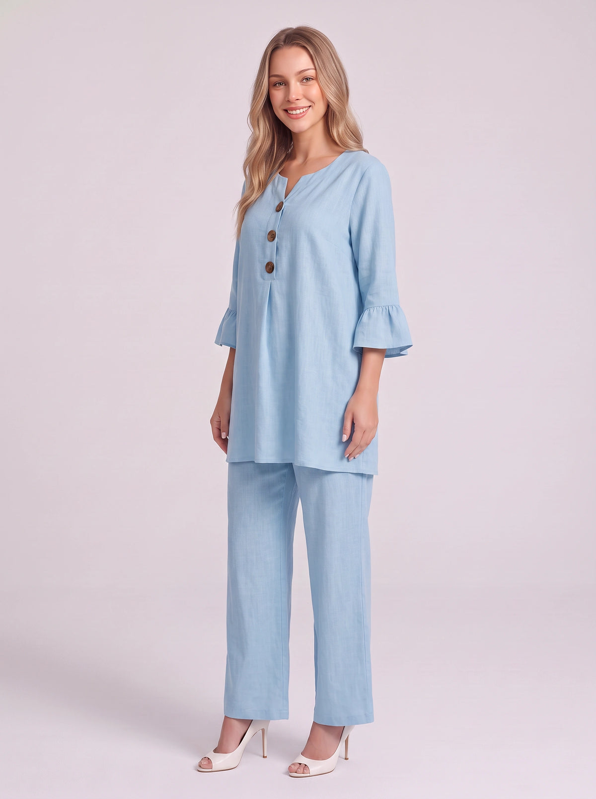 Frilec Linen Two Piece Co-Ord Set – Ruffle Sleeve Top Wide Leg Trousers Women Casual Relaxed Lounge Set