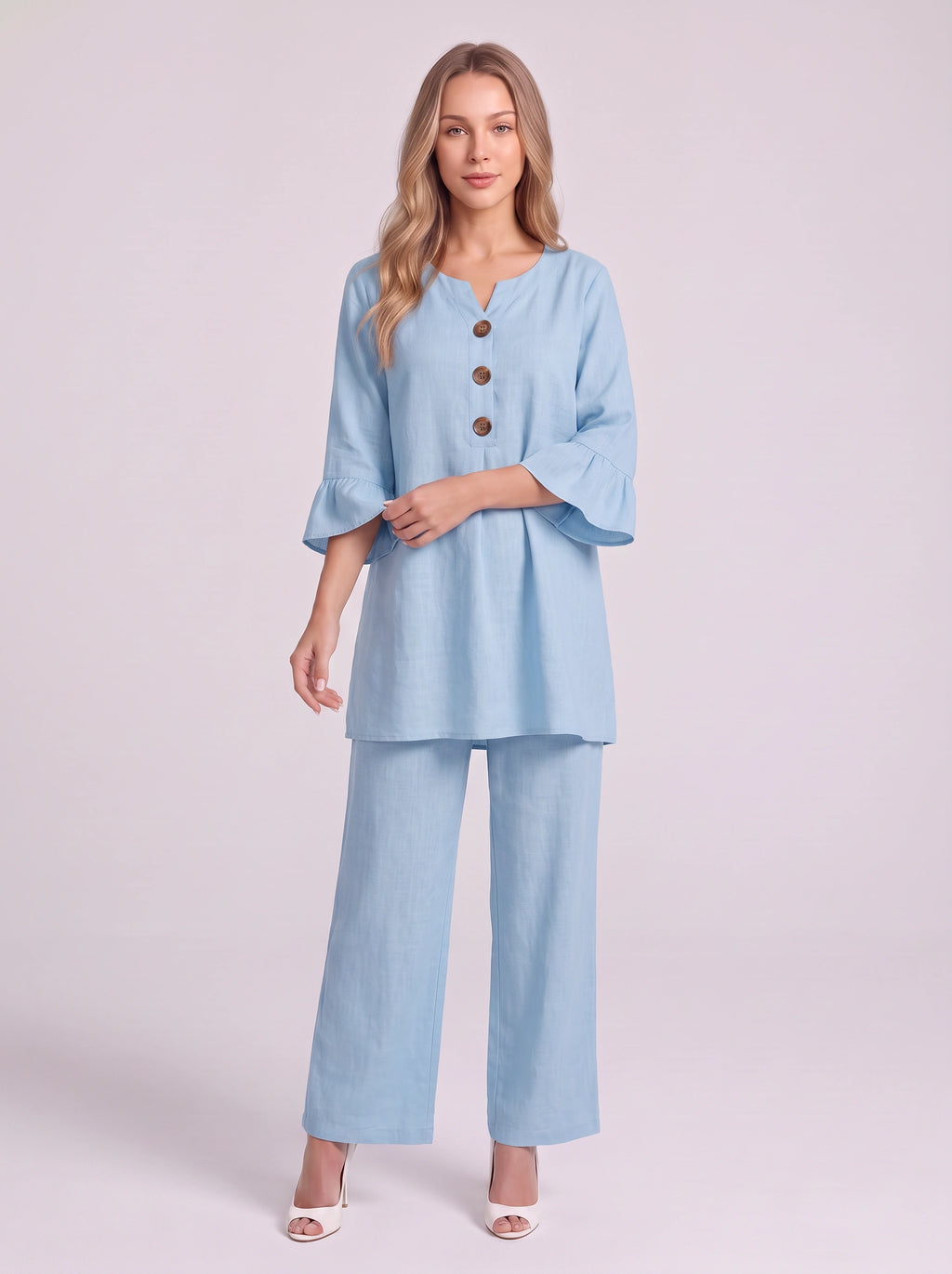Frilec Linen Two Piece Co-Ord Set – Ruffle Sleeve Top Wide Leg Trousers Women Casual Relaxed Lounge Set