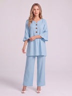Frilec Linen Two Piece Co-Ord Set – Ruffle Sleeve Top Wide Leg Trousers Women Casual Relaxed Lounge Set