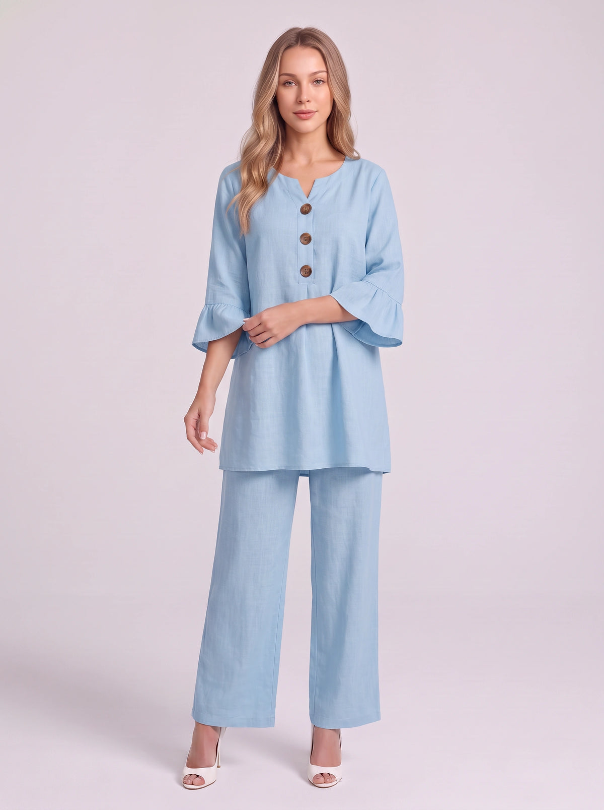 Frilec Linen Two Piece Co-Ord Set – Ruffle Sleeve Top Wide Leg Trousers Women Casual Relaxed Lounge Set