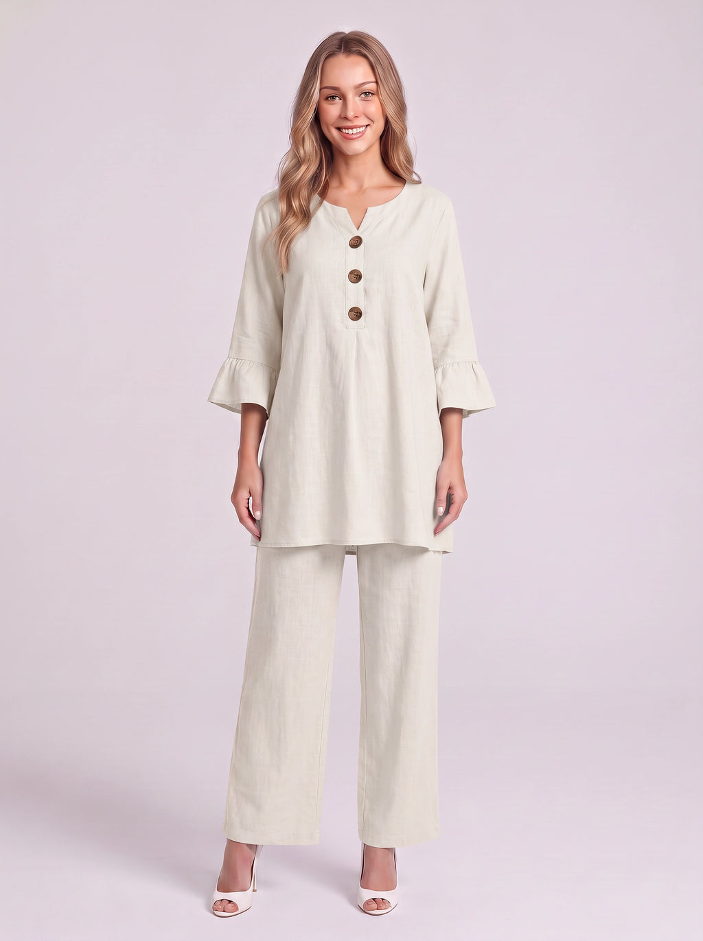 Frilec Linen Two Piece Co-Ord Set – Ruffle Sleeve Top Wide Leg Trousers Women Casual Relaxed Lounge Set