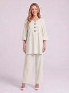 Frilec Linen Two Piece Co-Ord Set – Ruffle Sleeve Top Wide Leg Trousers Women Casual Relaxed Lounge Set