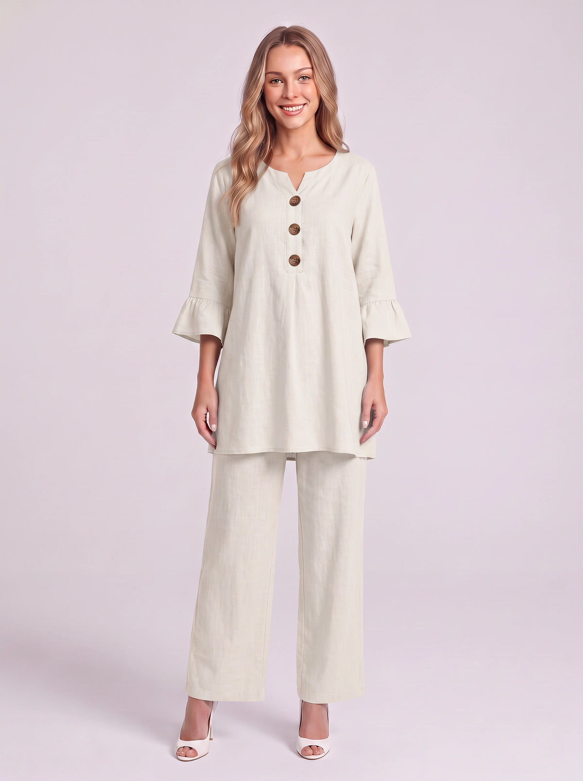 Frilec Linen Two Piece Co-Ord Set – Ruffle Sleeve Top Wide Leg Trousers Women Casual Relaxed Lounge Set
