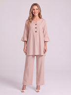 Frilec Linen Two Piece Co-Ord Set – Ruffle Sleeve Top Wide Leg Trousers Women Casual Relaxed Lounge Set