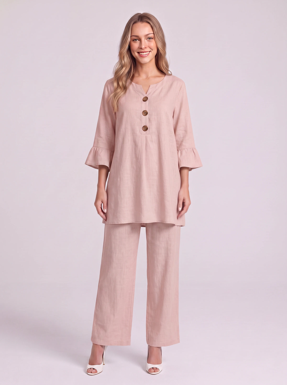 Frilec Linen Two Piece Co-Ord Set – Ruffle Sleeve Top Wide Leg Trousers Women Casual Relaxed Lounge Set