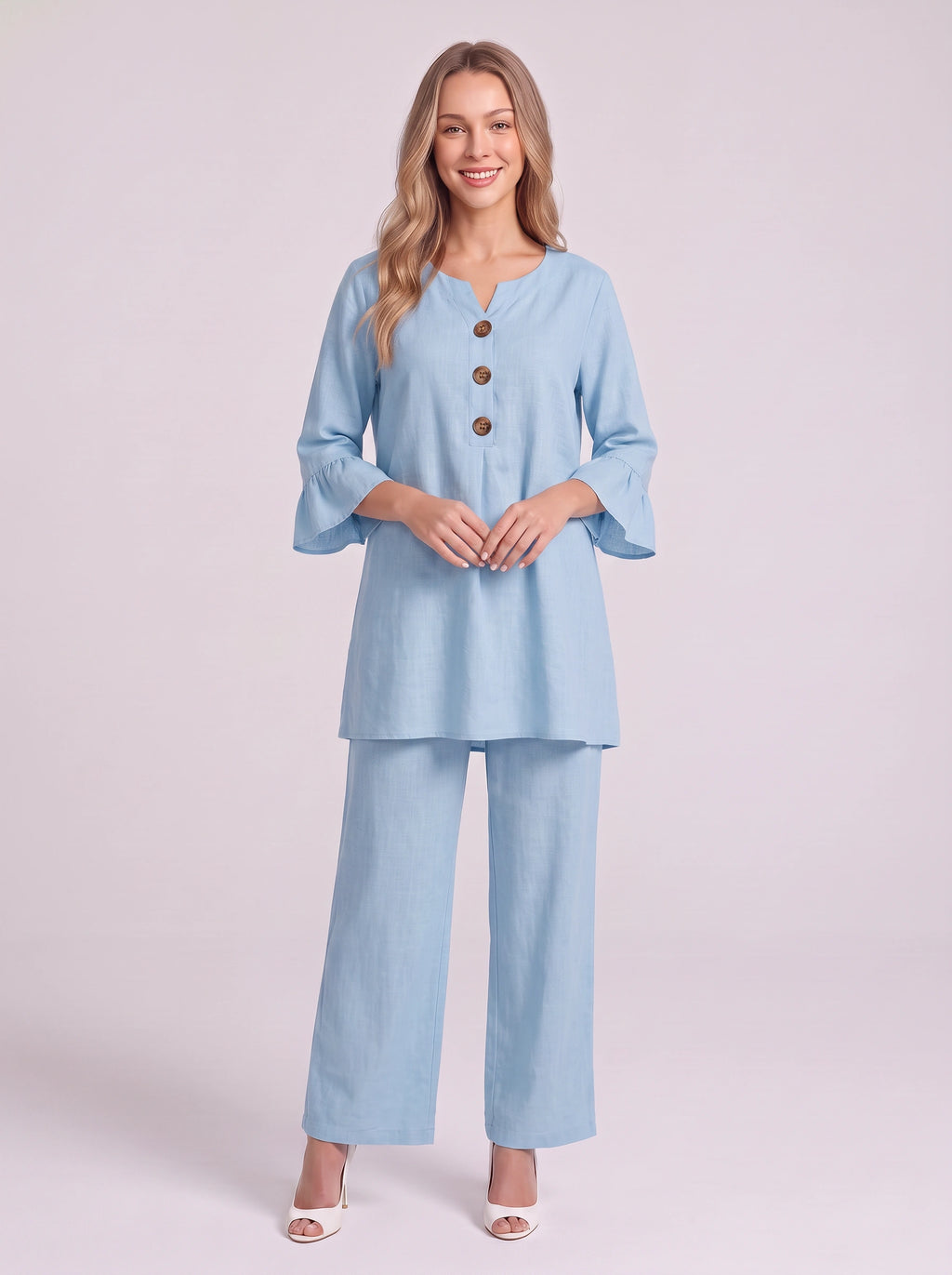 Frilec Linen Two Piece Co-Ord Set – Ruffle Sleeve Top Wide Leg Trousers Women Casual Relaxed Lounge Set