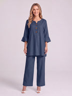 Frilec Linen Two Piece Co-Ord Set – Ruffle Sleeve Top Wide Leg Trousers Women Casual Relaxed Lounge Set