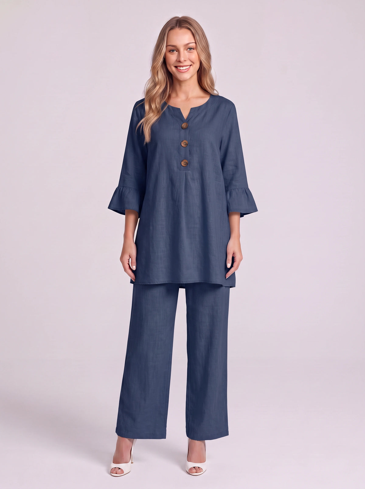 Frilec Linen Two Piece Co-Ord Set – Ruffle Sleeve Top Wide Leg Trousers Women Casual Relaxed Lounge Set