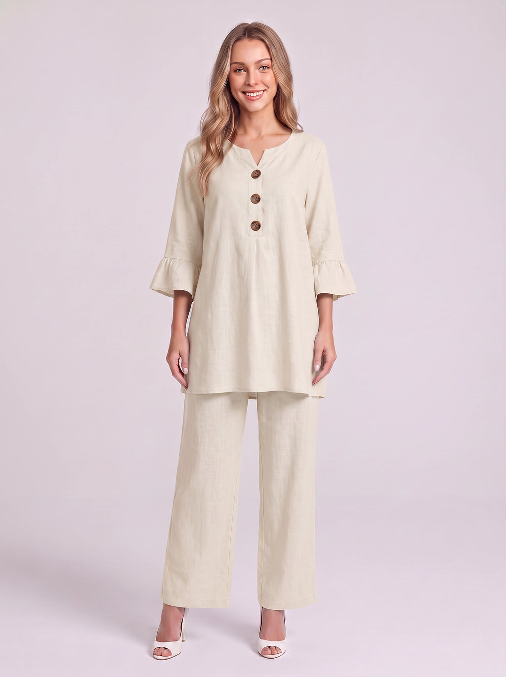 Frilec Linen Two Piece Co-Ord Set – Ruffle Sleeve Top Wide Leg Trousers Women Casual Relaxed Lounge Set